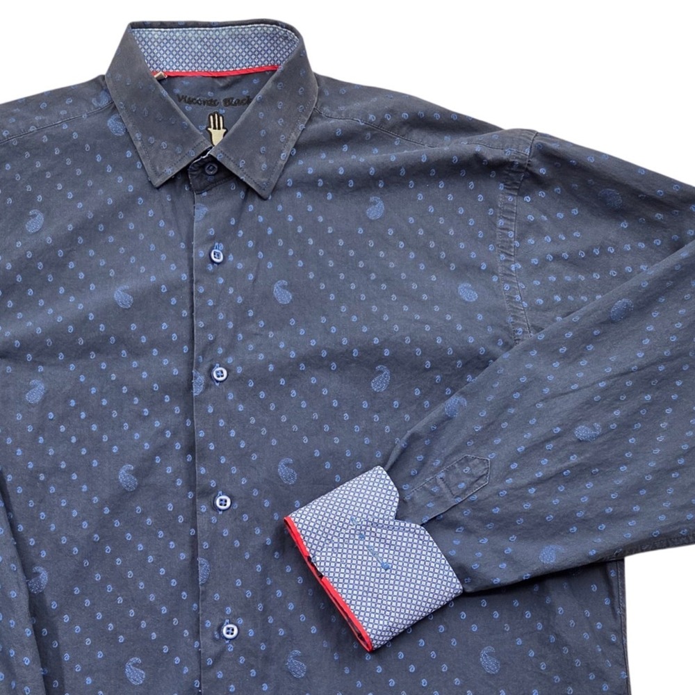 Visconti Black Button Long Sleeve Shirt Flip Cuff Navy‎ Blue Paisley Mens Medium